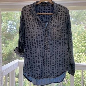 Denim Aztec print half button down shirt